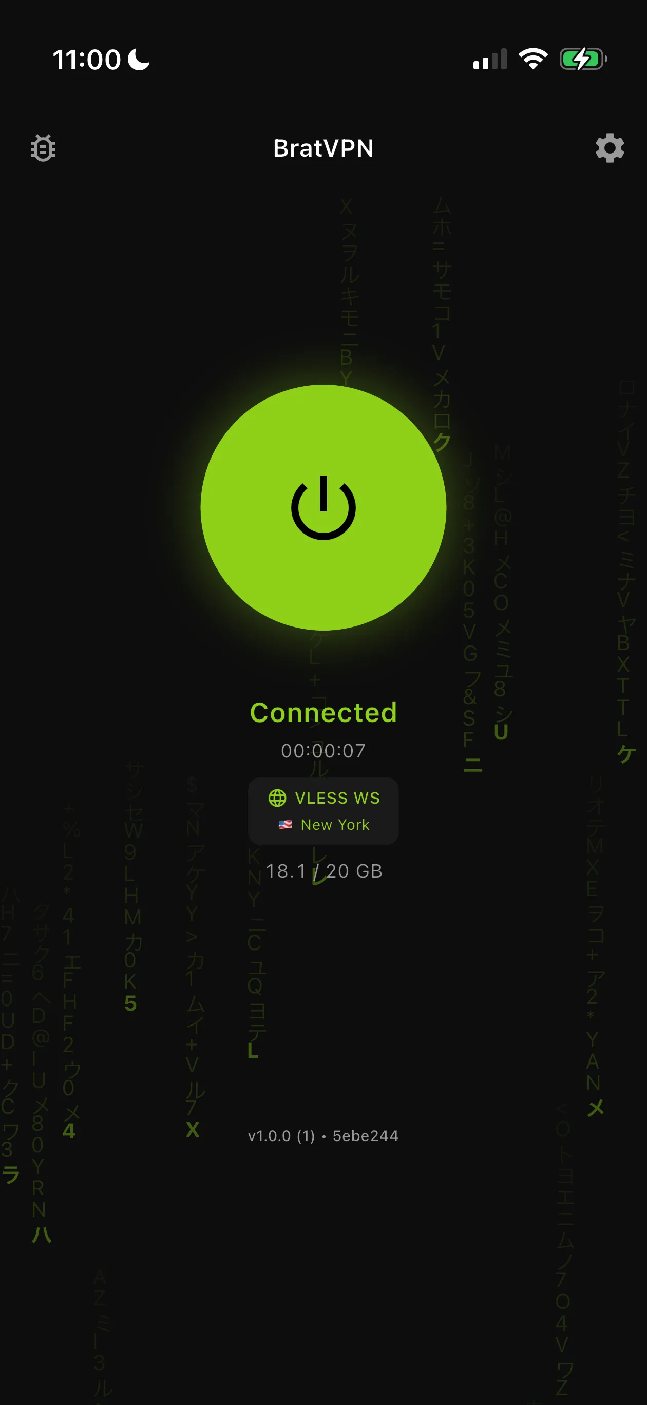 BratVPN screen showing an active connection
