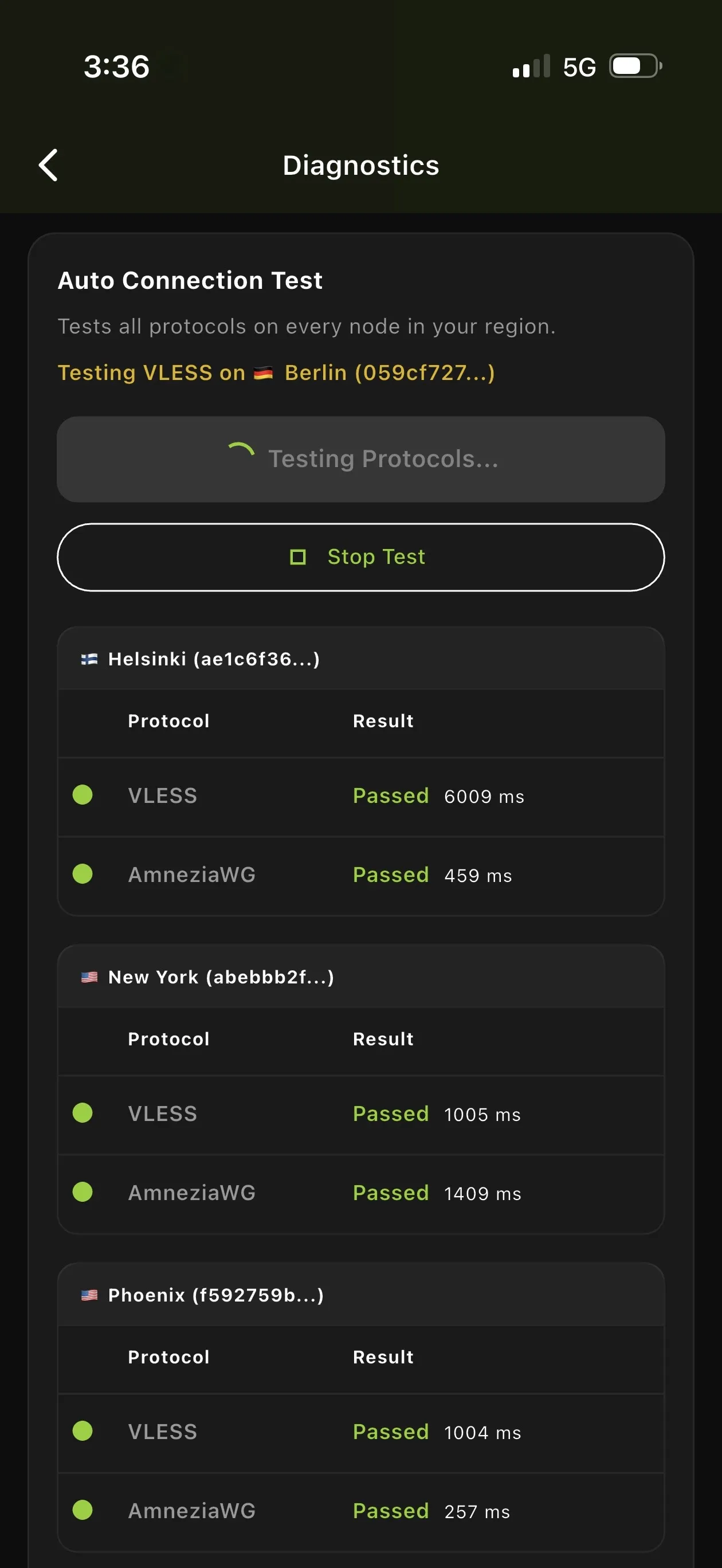 BratVPN connection test used during troubleshooting